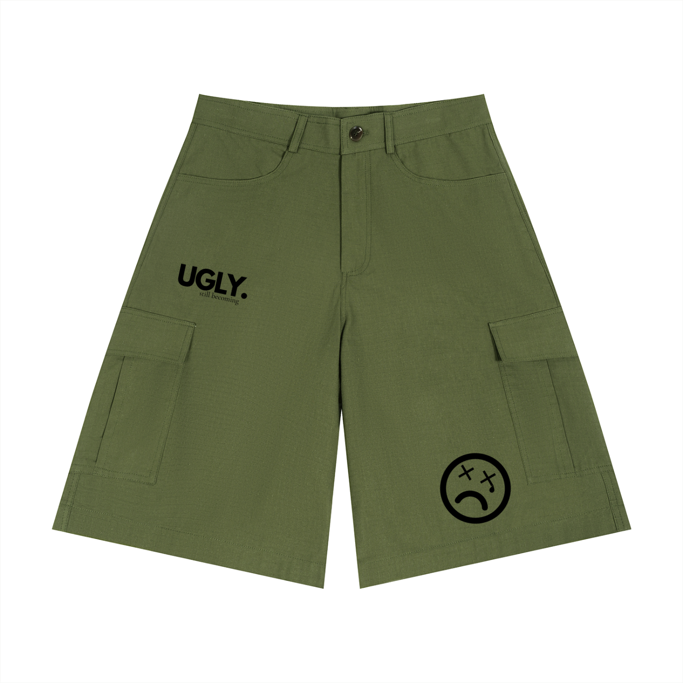 Green cargo shorts with 'UGLY.' text and sad face symbol on a white background
